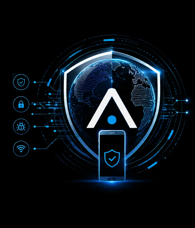 Atlas — managed mobile security solution: digital shield, globe and a protected smartphone